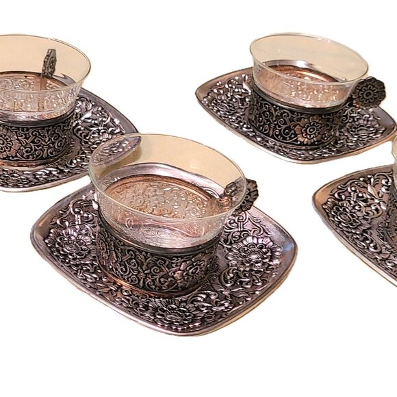4 Vintage Pewter Saucer Tea Coffee Cups Floral Flower Glass Mug Dining Dinner - Picture 4 of 13
